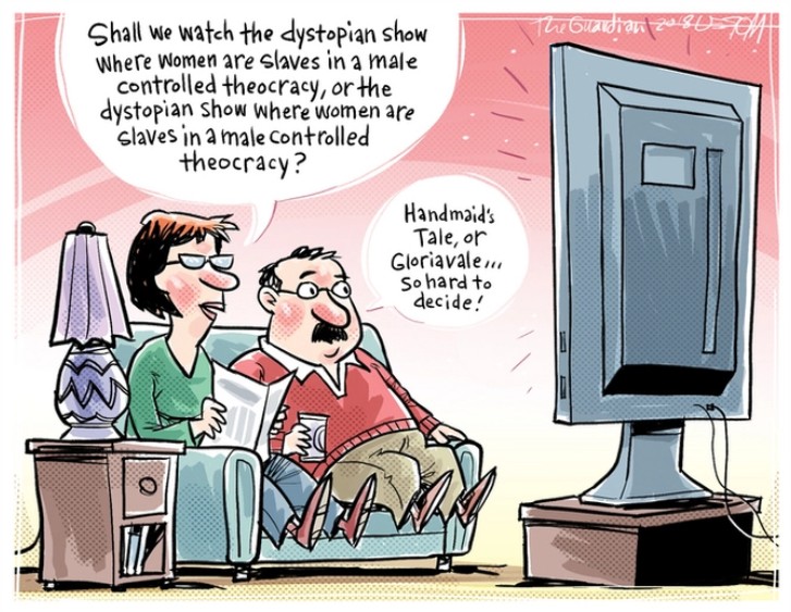 Couple deciding which “dystopian show” to watch – “Handmaid’s Tale” or “Gloriavale”